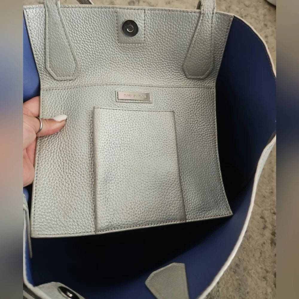Tory Burch Silver Metallic Pebbled Leather Perry Large Tote Bag